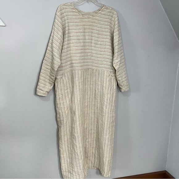 Vintage FLAX by Jeanne Englehart 70s cream striped linen long sleeve maxi dress - Picture 11 of 15